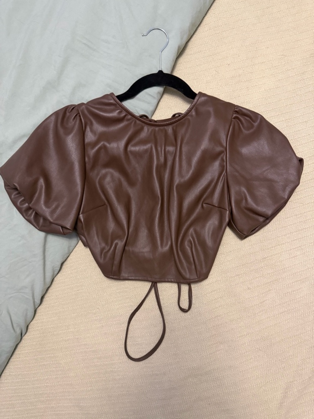 Puff-Sleeve Brown Pleather Crop Top